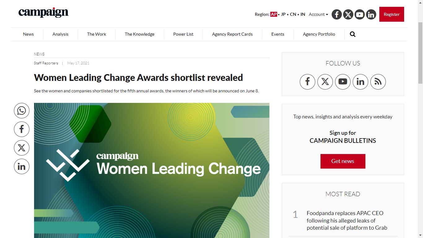 By Campaign Asia – Fe shortlisted for Women Leading Change Awards on Campaign Asia