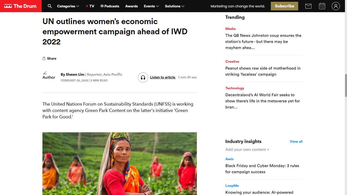 By The Drum – UN Outlines Women’s Economic Empowerment Campaign Ahead of International Women’s Day 2022 (interview with Fe