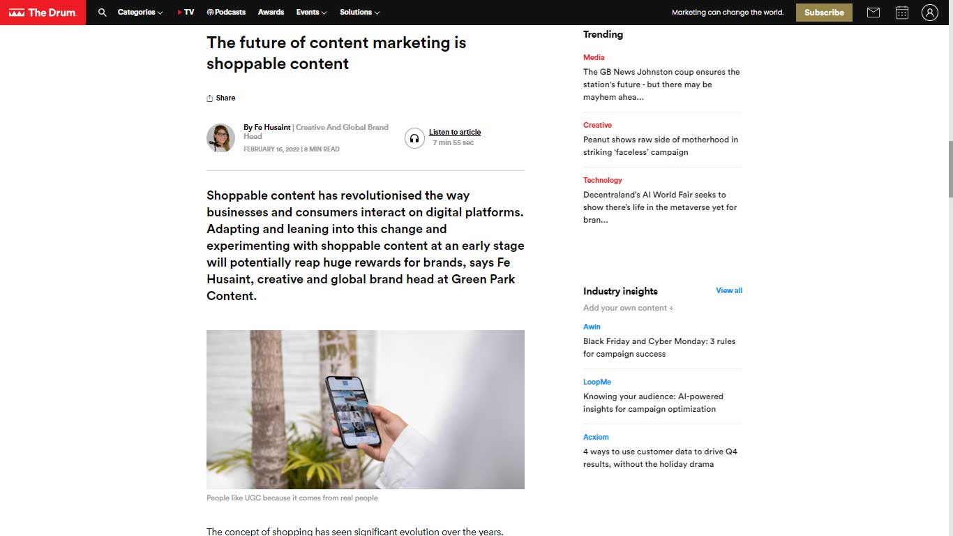 By Fe on The Drum – ‘The Future of Content Marketing is Shoppable Content’